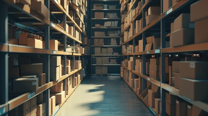 A commercial warehouse with rows of containers and parcels. Industrial storage and transportation setting. 3d graphic.