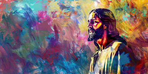 Digital Artwork of Jesus Christ Against a Vibrant Abstract Background with Room for Text