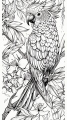 Exotic parrot bird, fairy tale monstera tropical foliage, branch. Contour thin line. Black and white T-shirt print. Anti stress Coloring book page, vertical