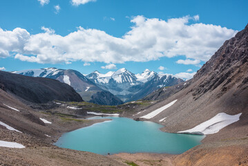 Most beautiful alpine lake of turquoise color among sheer crags against snow-covered range with few pointy peaks. Azure mountain lake against three snowy peaked tops under clouds in cloudy blue sky.
