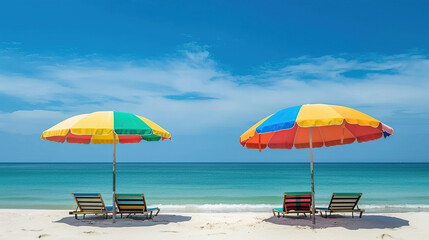 Two empty seats under a multicolored rainbow umbrella stand on a sandy beach against the background of beautiful blue sea. Generative AI