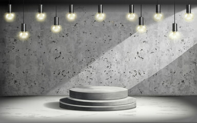 Industrial Studio Room: Grey Concrete with 3D Podium Mockup and Vector Backdrop