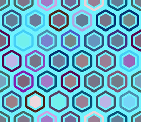 Mosaic hexagon shapes background. Bold rounded hexagon cells with padding and inner solid cells. Large honeycomb cells. Multiple tones color palette. Seamless pattern. Tileable vector illustration.