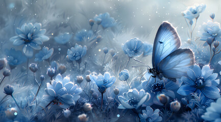 Fototapeta na wymiar Snowflake Serenade: Watercolor Painting Featuring Butterflies with Crystal Snowflake Wings