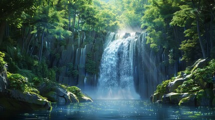 A beautiful waterfall in a lush green forest.