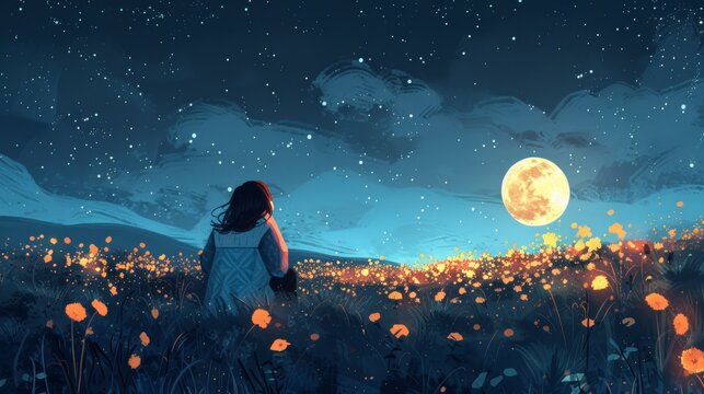 A girl sitting in a field of flowers at night, looking up at the moon.