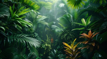 A lush tropical jungle scene with green foliage and plants