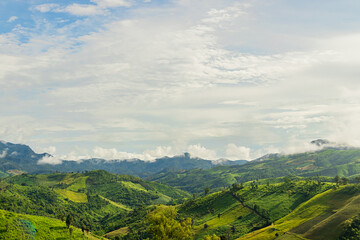 Beautiful sunrise over the mountain range at the east of Thailand.