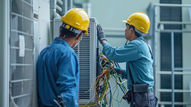 Two industrial air conditioning technicians are connecting wires, servicing the air conditioner.