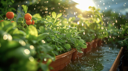 Rooftop rainwater harvesting system for urban farming, sustainability in city agriculture, bright midday sunlight highlights the efficiency of water collection .