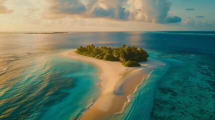 Obraz premium Amidst the serene expanse of the Maldivian archipelago, lies a pristine sandy beach kissed by the gentle embrace of turquoise waves.