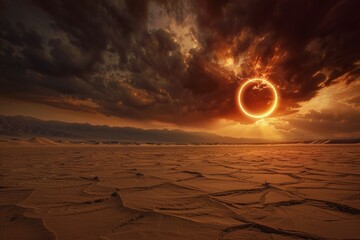 Annular Eclipse over Cracked Desert Terrain
