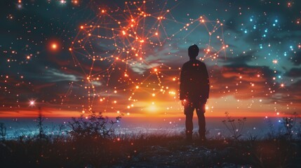 Fototapeta premium boy standing on the hill watching the sunset over the city. The sky is full of stars and the boy is surrounded by a field of flowers.