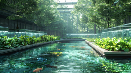 In a glass-walled aquaponics system, fish swim in clear water as plants thrive above, united by eco-friendly, modern farming technology..