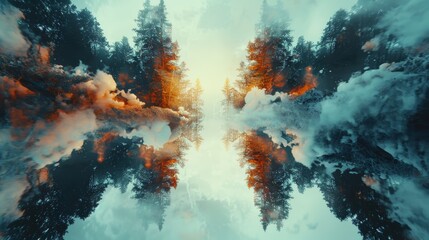 Mystical foggy forest with blue and orange colors.