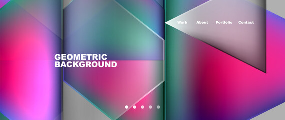 Fototapeta premium This geometric background features a variety of purple tones including violet, magenta, and electric blue. Triangles, rectangles, circles, and symmetrical patterns create a visually appealing design