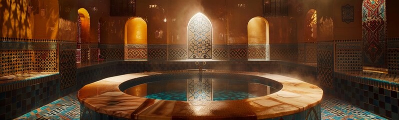 Large hot tub in a room with many windows. Hammam background . Banner - obrazy, fototapety, plakaty