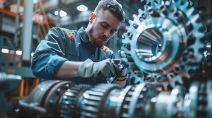 A Portrait of Engineer inspects engine gear wheel, industrial background.