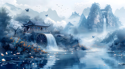 Floral Energy: Blue Butterflies and Hydroelectric Water Wheel in Watercolor Scene - obrazy, fototapety, plakaty