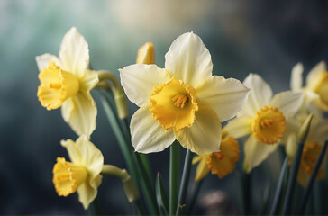 Daffodil flowers against a softly blurred backdrop with copy space. spring and fresh summer vibe wallpaper