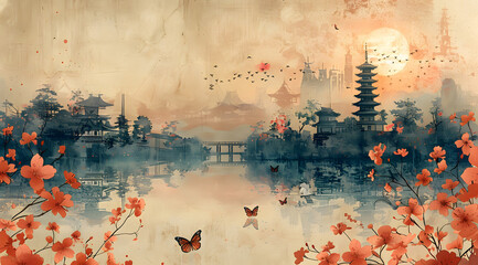 Sakura Samurai: Butterflies and Flowers Flourish in Feudal Japan Watercolor