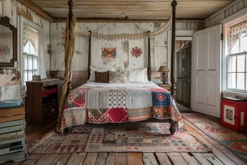 Bed with a quilt on it in a room. Rustic design interior background 