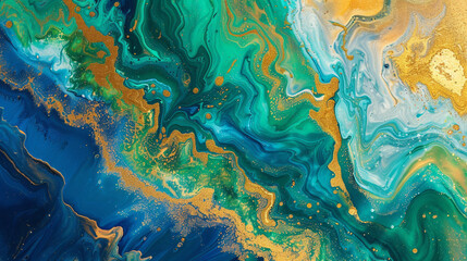 Fluid art evoking a tropical paradise, with azure, green, and gold blending like the ocean meeting the beach under the sun. For vibrant decor. - obrazy, fototapety, plakaty