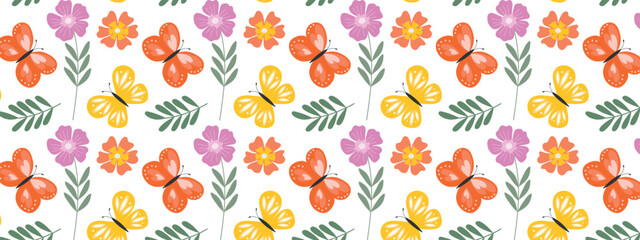 Seamless summer pattern with bright flowers and butterflies.