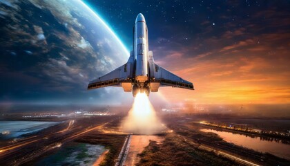 Hyper-realistic spaceship taking off around Earth with amazing background AI Generated