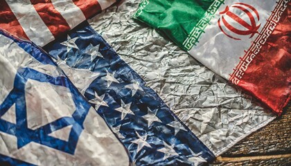 Iran et d'Israël ensemble sur fond texturé. Concept des relations diplomatiques entre Israël, l'Iran et les États-Unis d'Amérique flag iran usa america israel flags illustration - obrazy, fototapety, plakaty