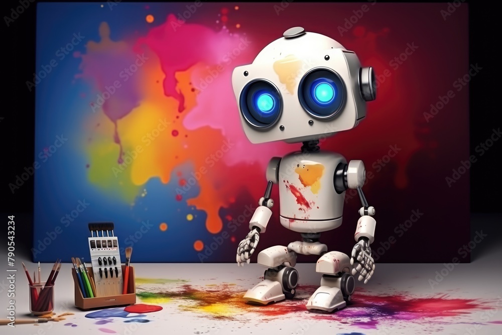 Poster concept of generative ai art technology, robot painting picture in studio. comeliness