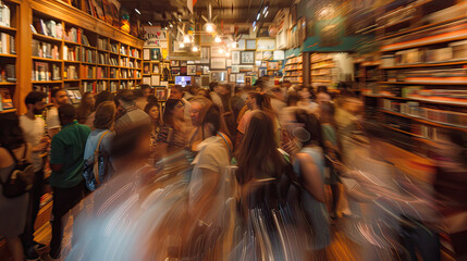 A photograph of a lively bookstore event, with motion blur used to illustrate the enthusiasm and movement of attendees