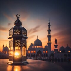 An ornate lantern with intricate metalwork and glass panels, illuminated against a blurred background of domed temple structures silhouetted against a vibrant sunrise sky