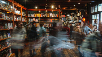 A photograph of a lively bookstore event, with motion blur used to illustrate the enthusiasm and movement of attendees