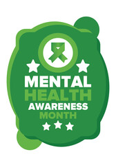 Mental Health Awareness Month in May. Annual campaign in United States. Raising awareness of mental health. Control and protection. Prevention campaign. Medical health care design. Vector illustration