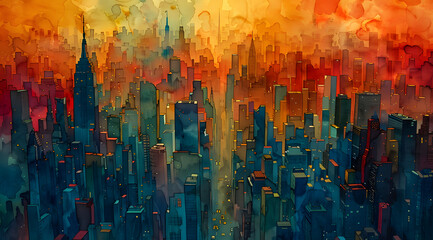 Geometric Metropolis: Cubist Watercolor Cityscape Unveiled in Multifaceted Layers