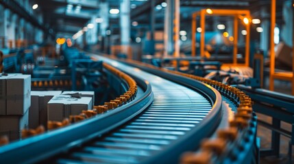 A conveyor belt in a factory stopped with products backed up, depicting production halts or supply chain disruptions that impede business flow and delivery of services or goods - obrazy, fototapety, plakaty