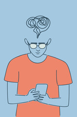 Boy in orange shirt read from smartphone screen. Teen boy in orange shirt read from smartphone screen flat style illustration