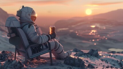 A solitary figure clad in an astronaut suit sits serenely in a futuristic chair, positioned to capture the radiant glow of a distant star on an alien planet. 

 - obrazy, fototapety, plakaty