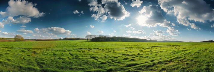 Panoramic view of a green field under a sunny sky with clouds