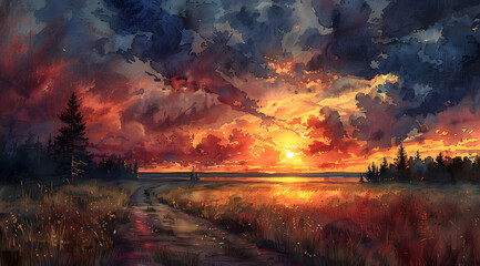 Weather's Embrace: Watercolor Tapestry of Storm and Sun in Dramatic Contrast - obrazy, fototapety, plakaty
