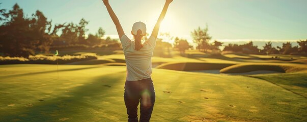woman with raised arms in triumph, standing on a golf course with sun.