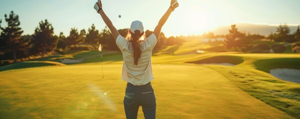 woman with raised arms in triumph, standing on a golf course with sun.