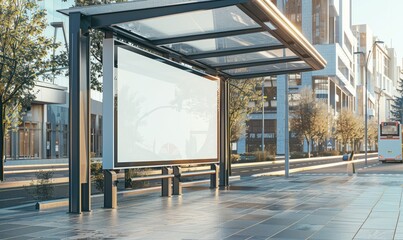 Obraz premium Early morning shot of a vacant billboard on a city street with rising sun illuminating the scene.