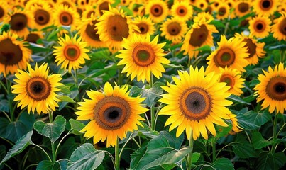 Obraz premium A stunning, golden hour image of a thriving sunflower field with a sunset backdrop. banner