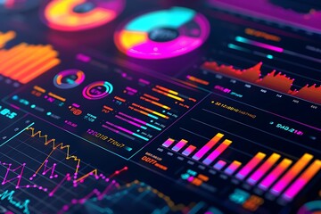 : A 3D vector depiction of a financial dashboard, with real-time data visualizations in striking colors. - obrazy, fototapety, plakaty