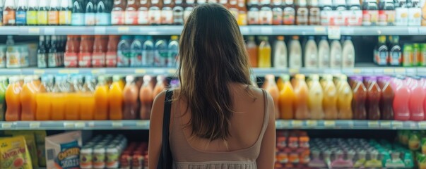 A woman is seen from the back, contemplating choices in a grocery store aisle filled with various products.
