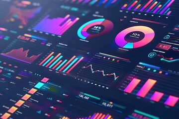 : A 3D vector depiction of a financial dashboard, with real-time data visualizations in striking colors.