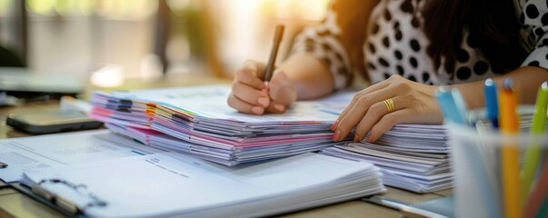 Detailed image of a person's hands sorting through an extensive amount of paperwork, indicating hard work