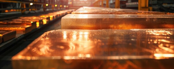 Glowing copper ingots in a foundry.